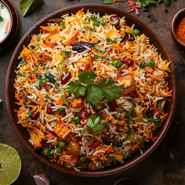 Close-up of a vibrant Indian biryani dish with rice, paneer, vegetables, and spices in a bowl.