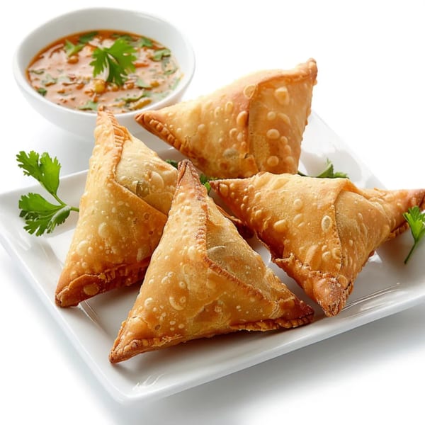 Four golden-brown samosas with a side of chutney and cilantro on a white plate.