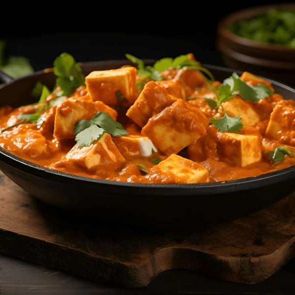 Akbar Restaurant's paneer butter masala, a rich Indian curry with paneer cubes and cilantro in a black bowl.