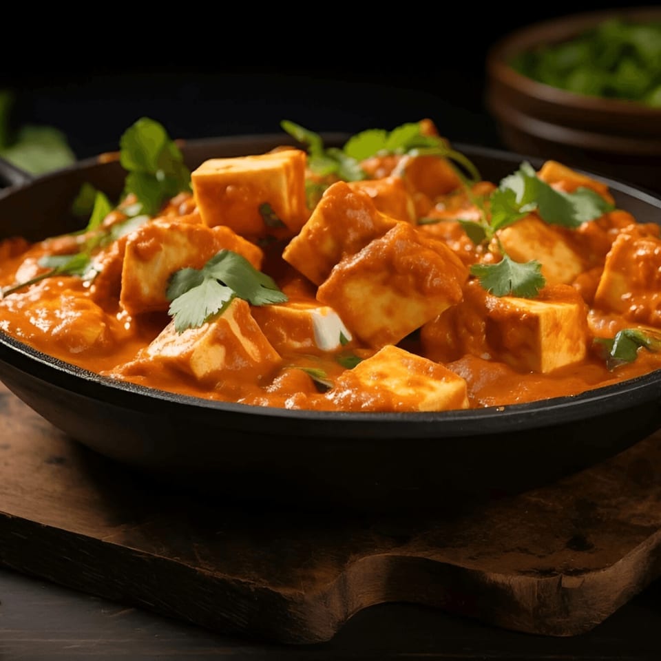 Akbar Restaurant's paneer butter masala, a rich Indian curry with paneer cubes and cilantro in a black bowl.