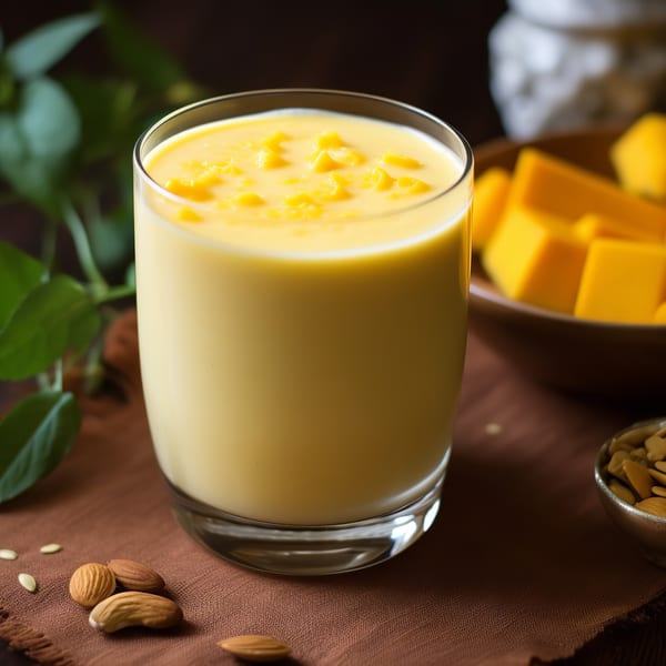 A glass of Indian mango lassi with diced mango, almonds, and mango chunks.