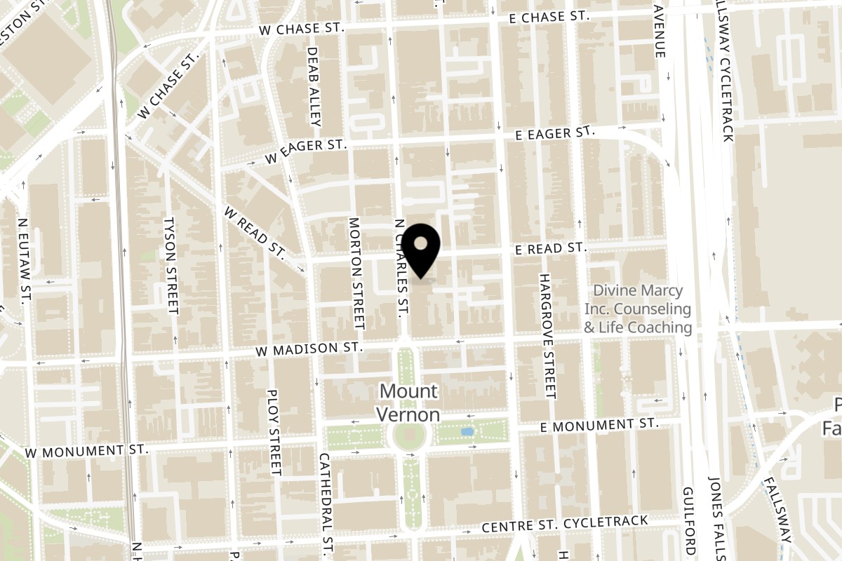 Map showing the location of Akbar Restaurant on 823 N Charles St # B in Baltimore